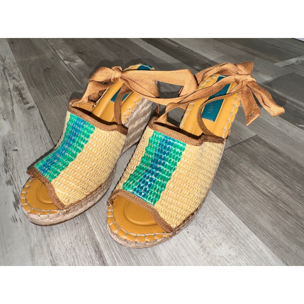 Franco Sarto Espadrille Wedge Sandals Women Tan Teal Woven Lace Up 8M